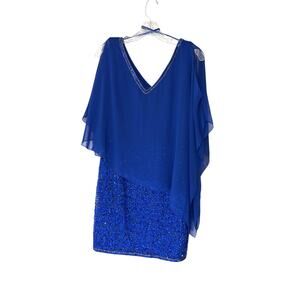 J Kara Dress‎ Blue Sequin Beaded Overlay Evening Formal Reception Size 12 Petite